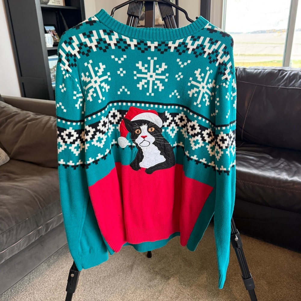 Holiday Cat Crewneck Sweater - Teal and Red